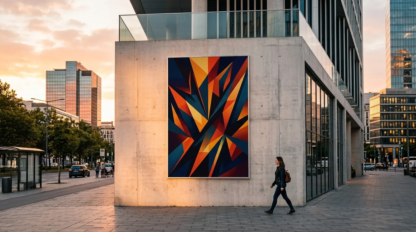 Óriásplakát városi falon, ember-lépték, alkonyati fény